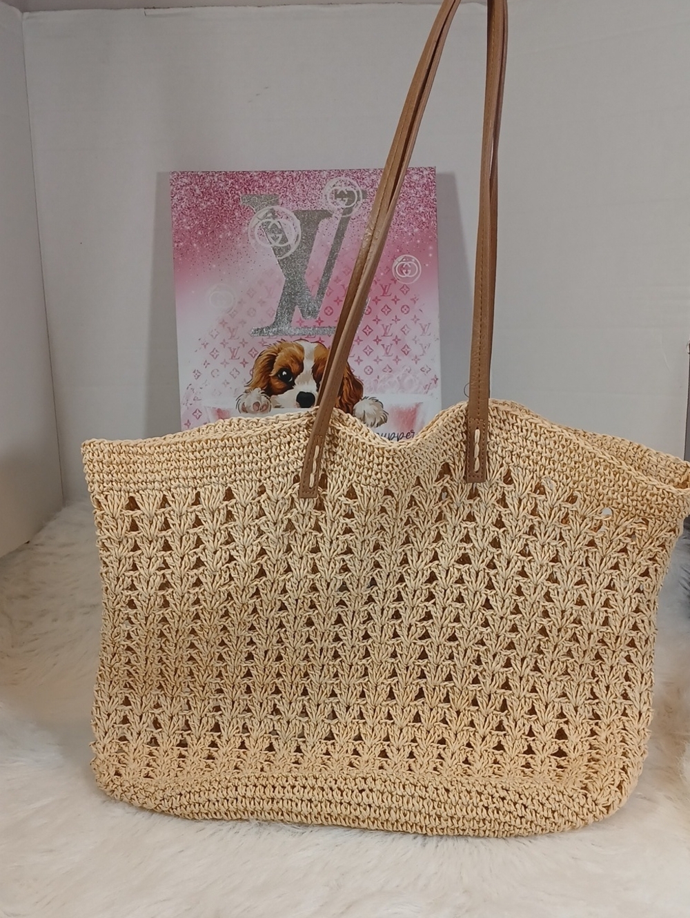 Haute Hippie Woven Straw Tote Bag with Brown Handles - Natural